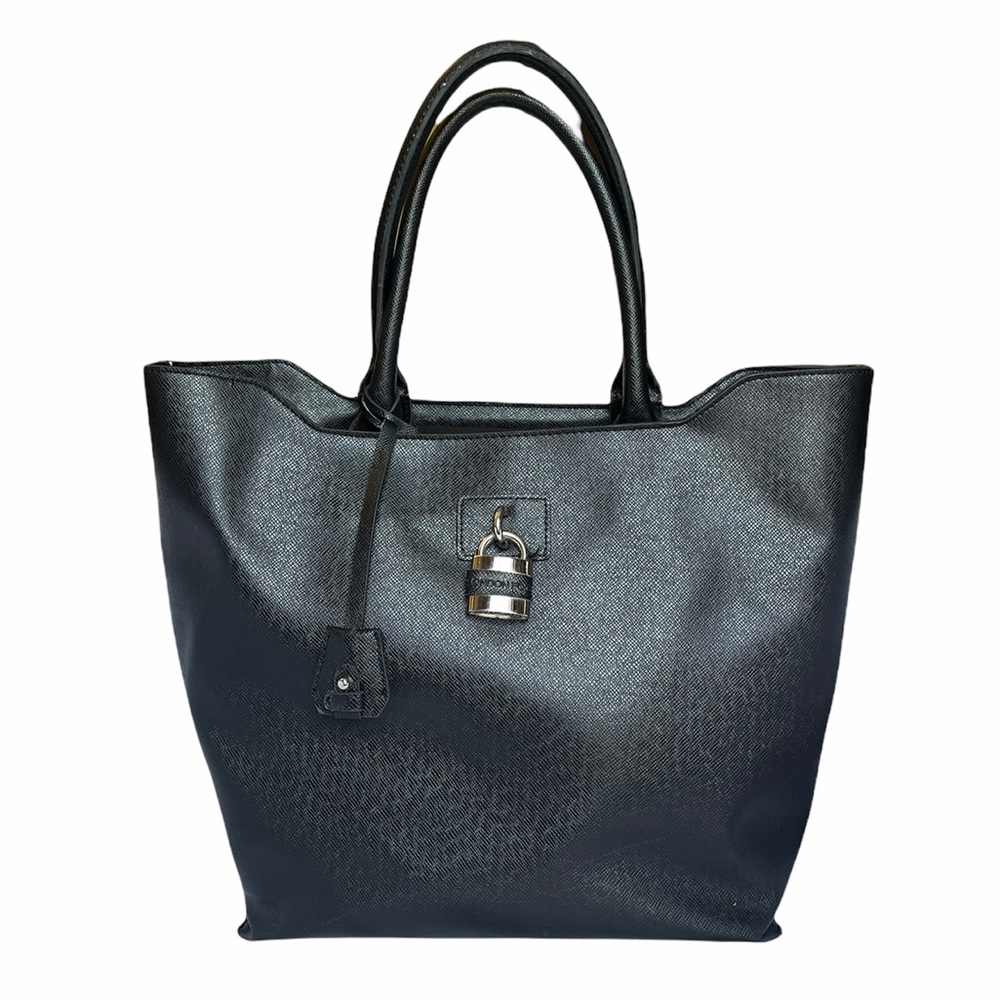 London Fog | Black Faux Leather Tote Bag with Silver Hardware